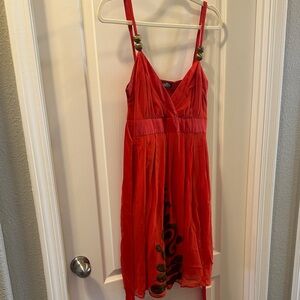 Red Silk Dress with Brown Accents